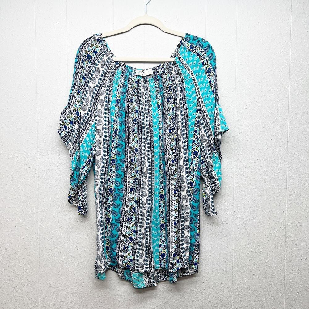 Terra & Sky Aqua Paisley Floral Top Womens 1X Nautical Boho Relaxed Lightweight